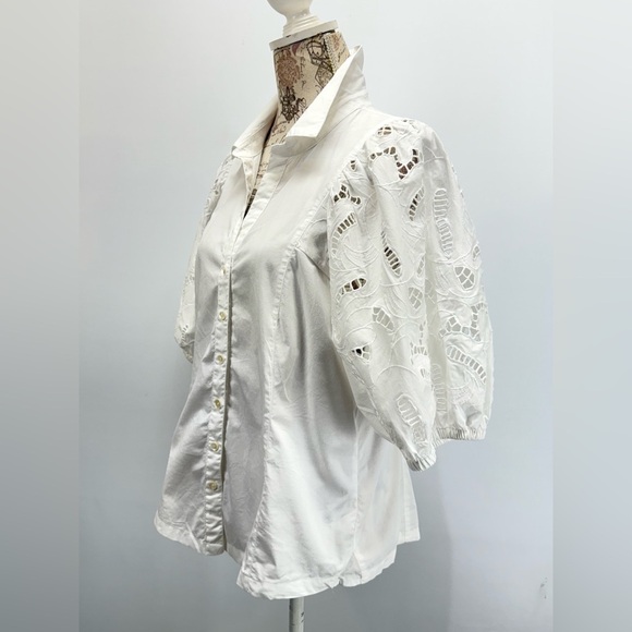 NIC+ZOE White puff eyelet sleeve button down top size L - Picture 5 of 15